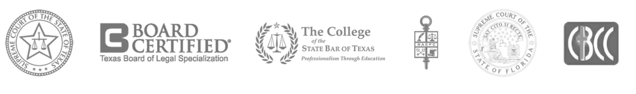 Professional qualifications including the Supreme Court of Texas, Texas Board of Legal Specialization Board Certified, The College of the State Bar of Texas, NAEPC, Supreme Court of Florida, and Christian Business Chamber of Commerce